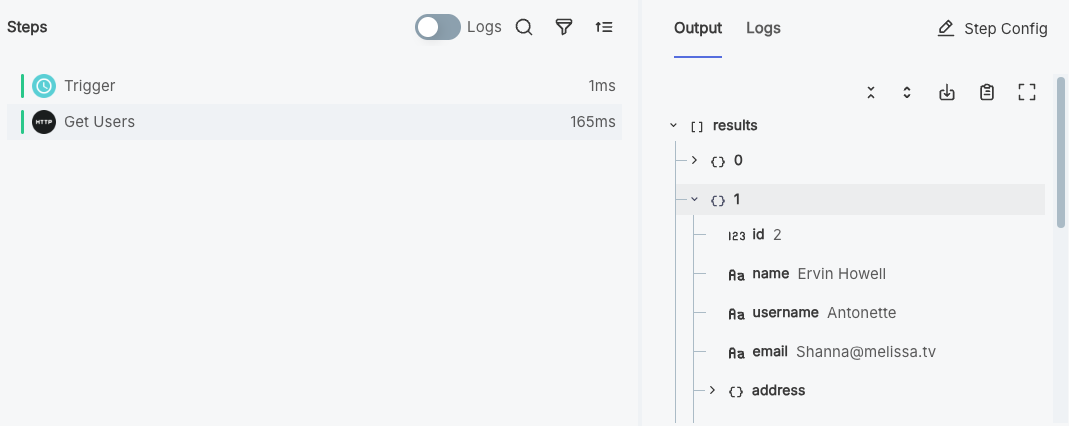 HTTP GET step results