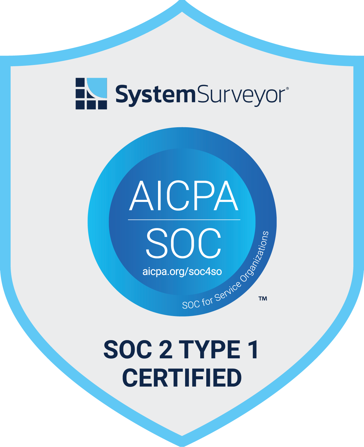 A graphic badge showing that System Surveyor is SOC 2 Type 1 Certified by AICPA.