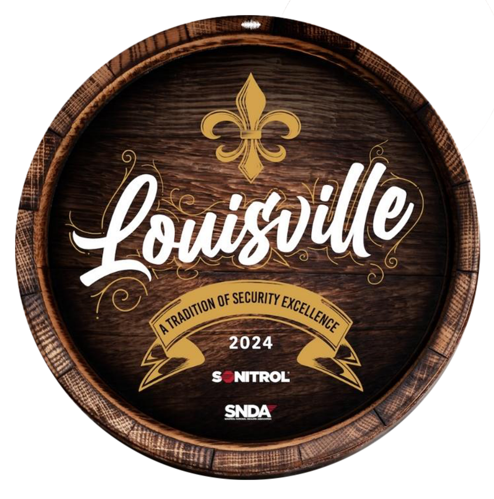 A circular wooden sign featuring the text "Louisville" and symbols representing security excellence for the year 2024.