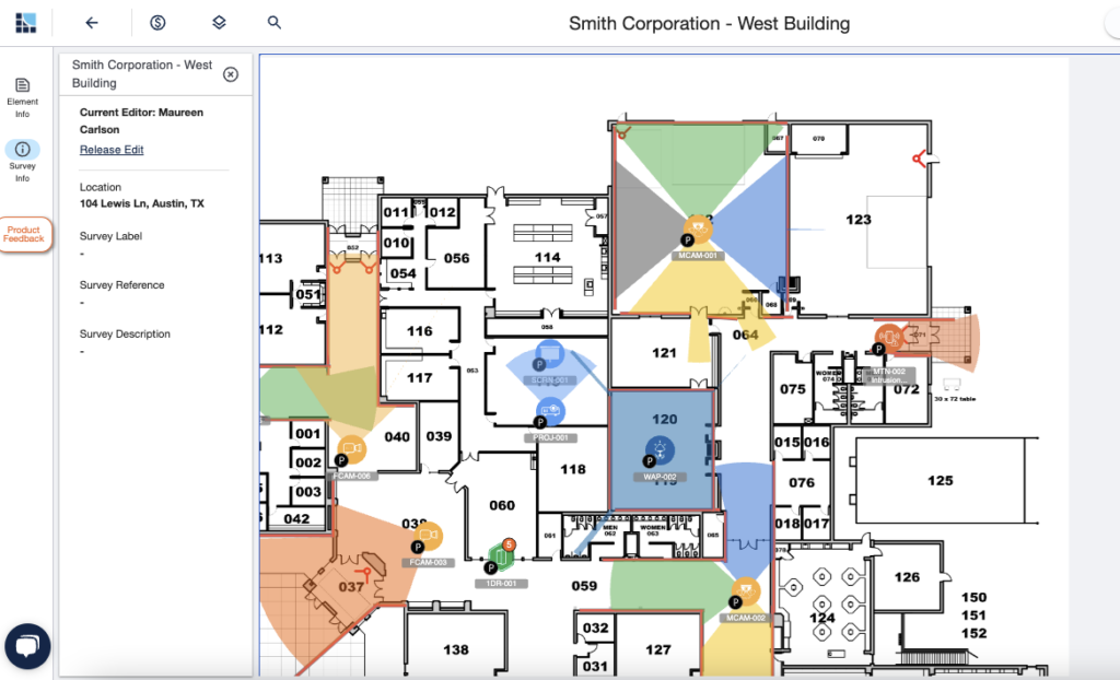 A detailed floor plan of the Smith Corporation West Building, featuring room numbers, color-coded sections, and location markers.
