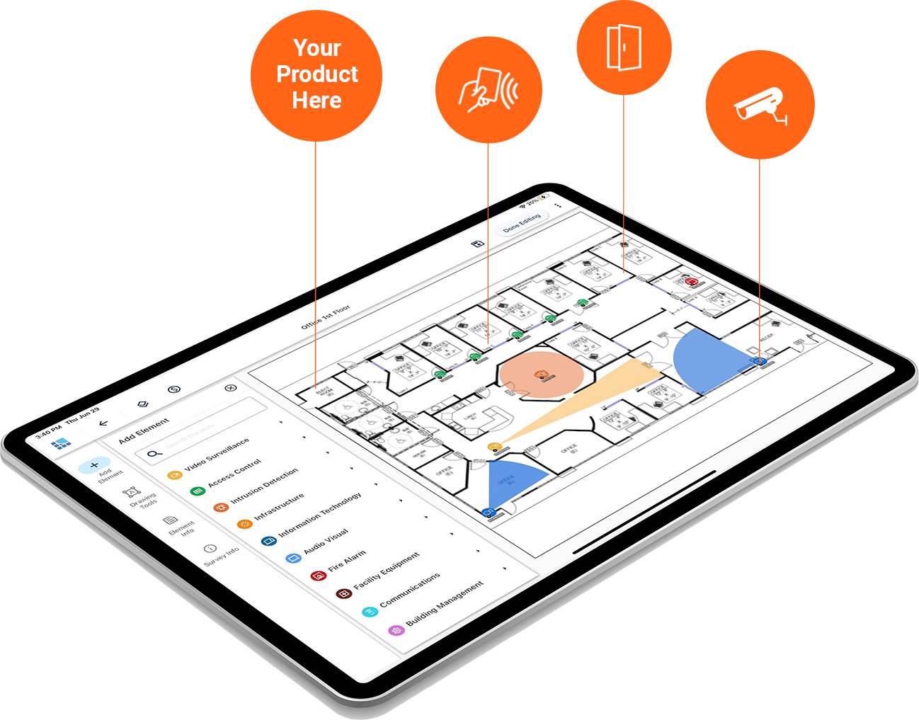 A digital interface displayed on a tablet, featuring a floor plan layout with icons and annotations for various products and functionalities.