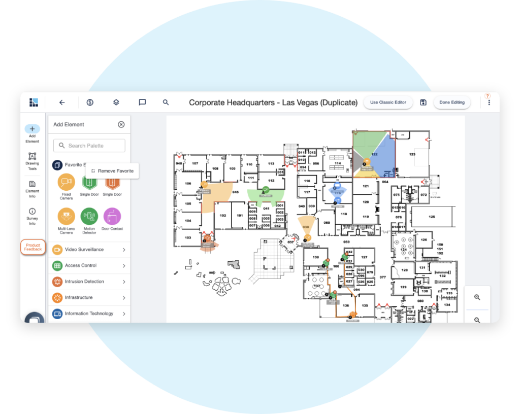 A digital floor plan of a corporate headquarters, featuring color-coded areas and labeled sections for various departments and facilities.