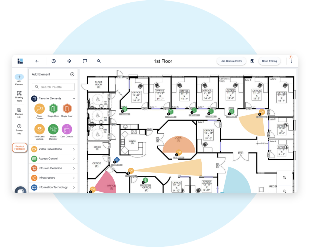 A detailed floor plan layout highlighting rooms, pathways, and various markers for utilities and features, displayed on a digital interface.