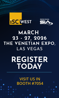 Promotional banner for ISC West 2026, highlighting event dates, location at The Venetian Expo, and booth information.