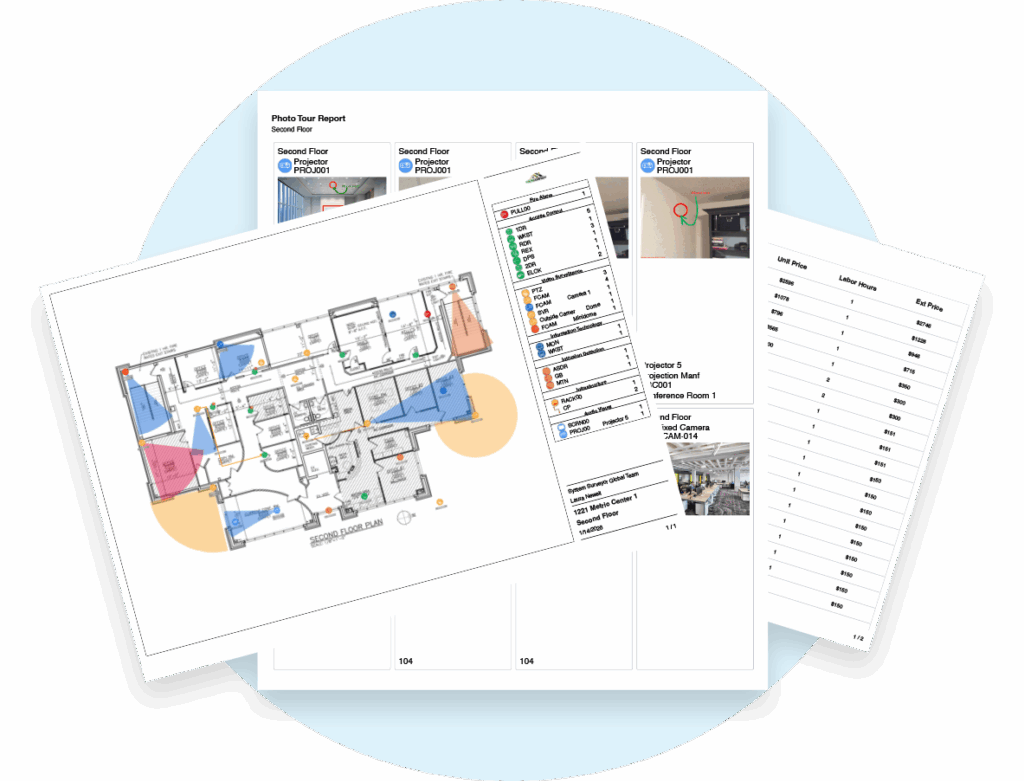 A collection of documents including a floor plan, inspection report, and additional printed sheets arranged in a circular layout.