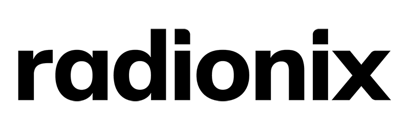 A black logo of the word 'radionix' in a modern sans-serif font.